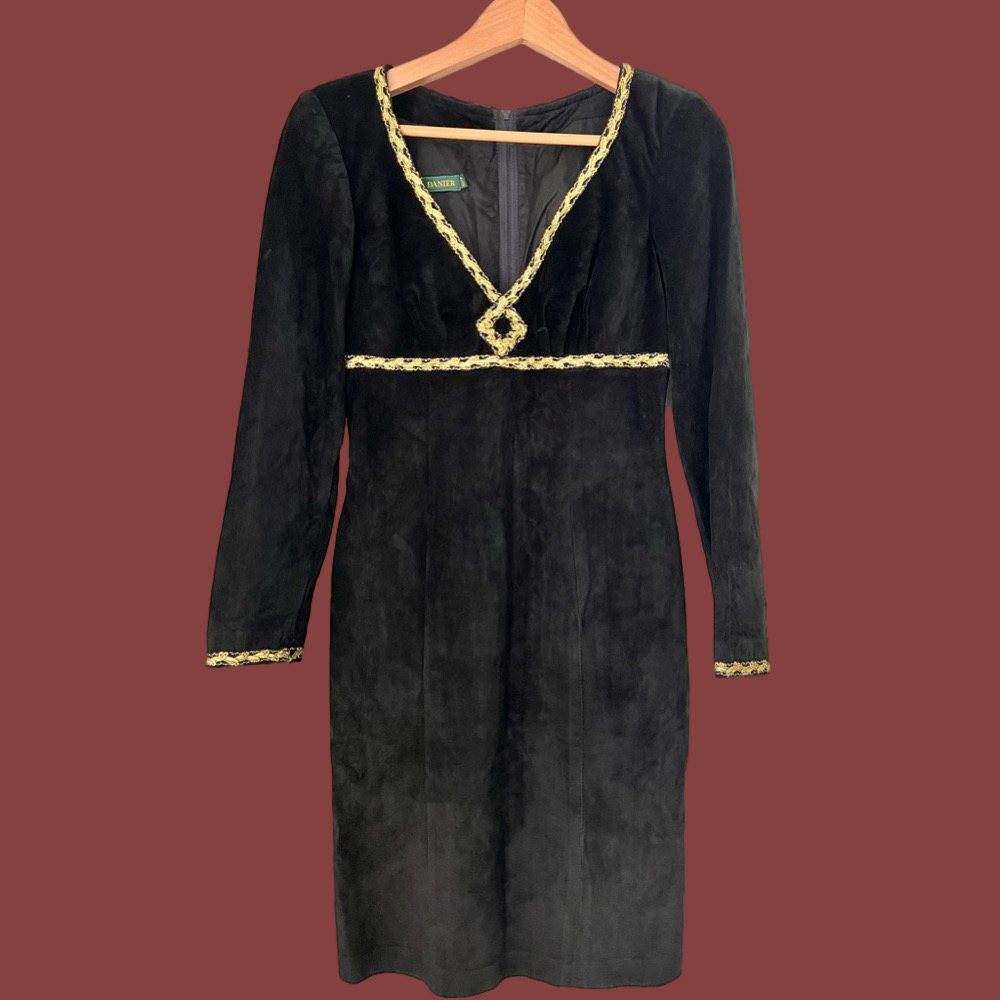 🇨🇦 Danier gorgeous black suede empire waist long sleeve midi dress, gold braid